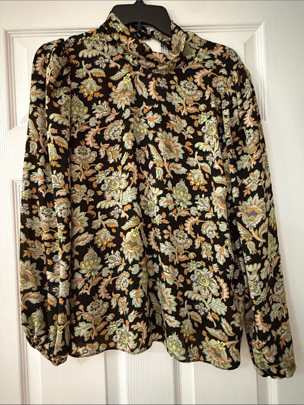 Ann Taylor Factory Black Floral Paisley Mock Neck Blouse